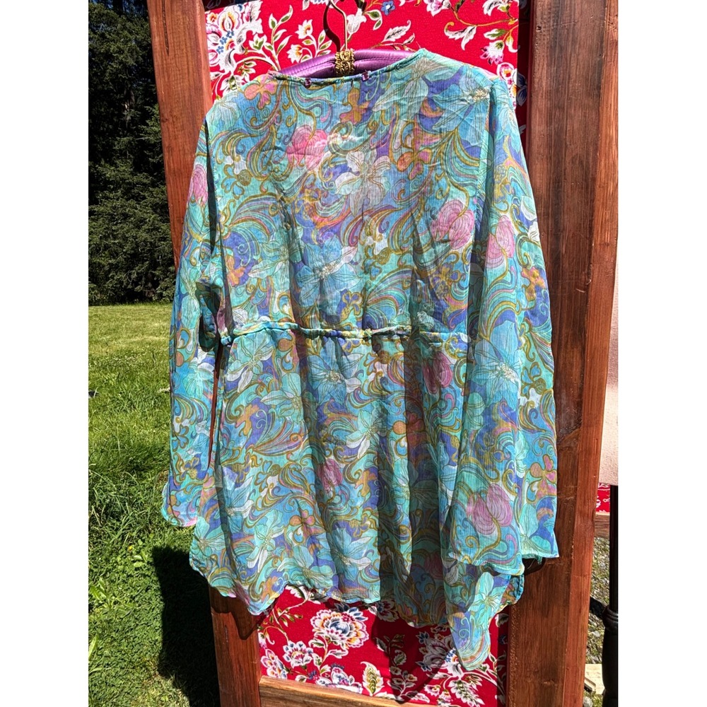 Turquoise Flare Sleeve Sheer Psychedelic Pastel Jeweled Babydoll Blouse - Picture 13 of 15